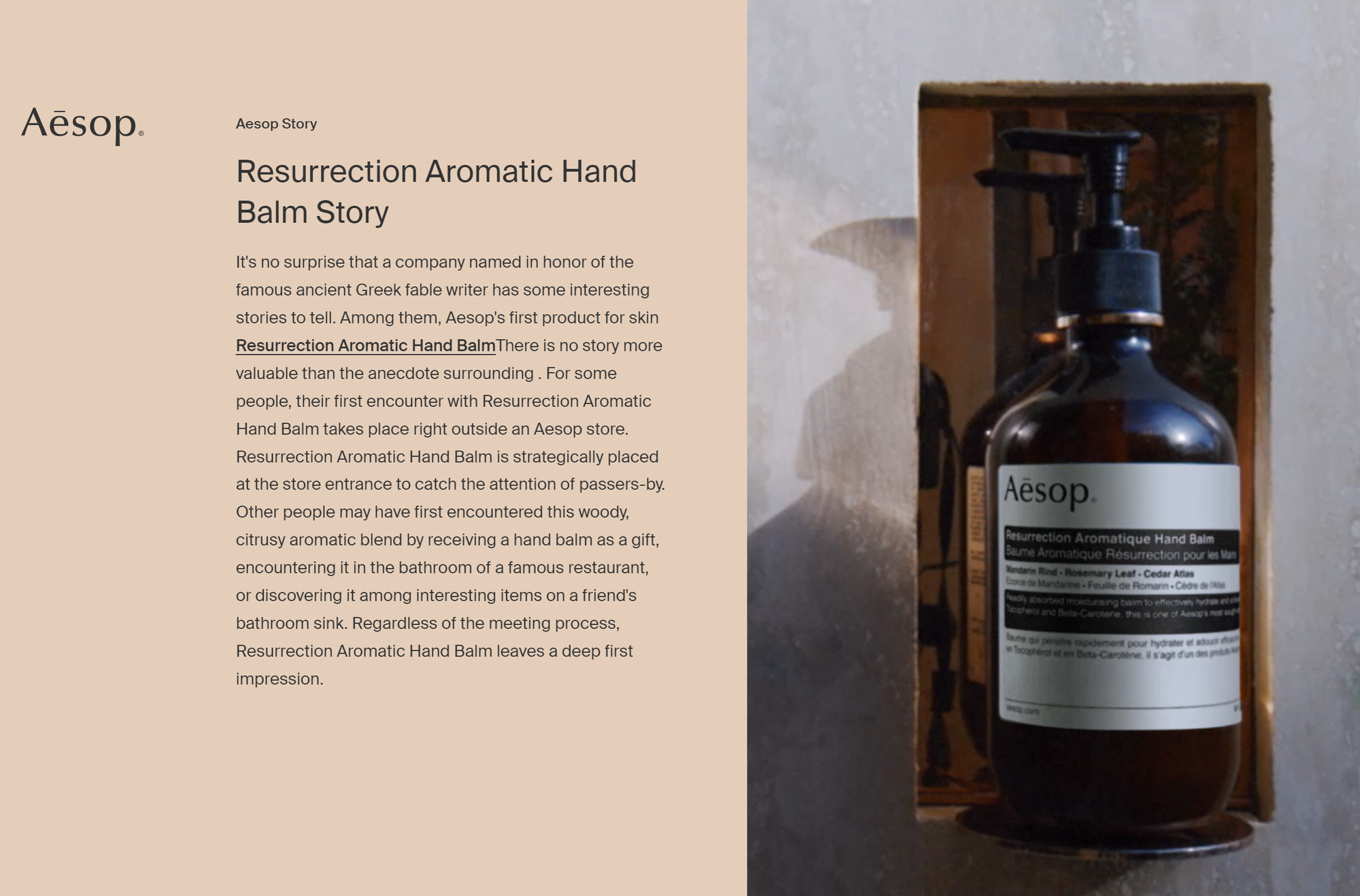 Aesop brand website screen, conveying the Aesop story through text by comparing it to ancient Greece, with product photos on the right.