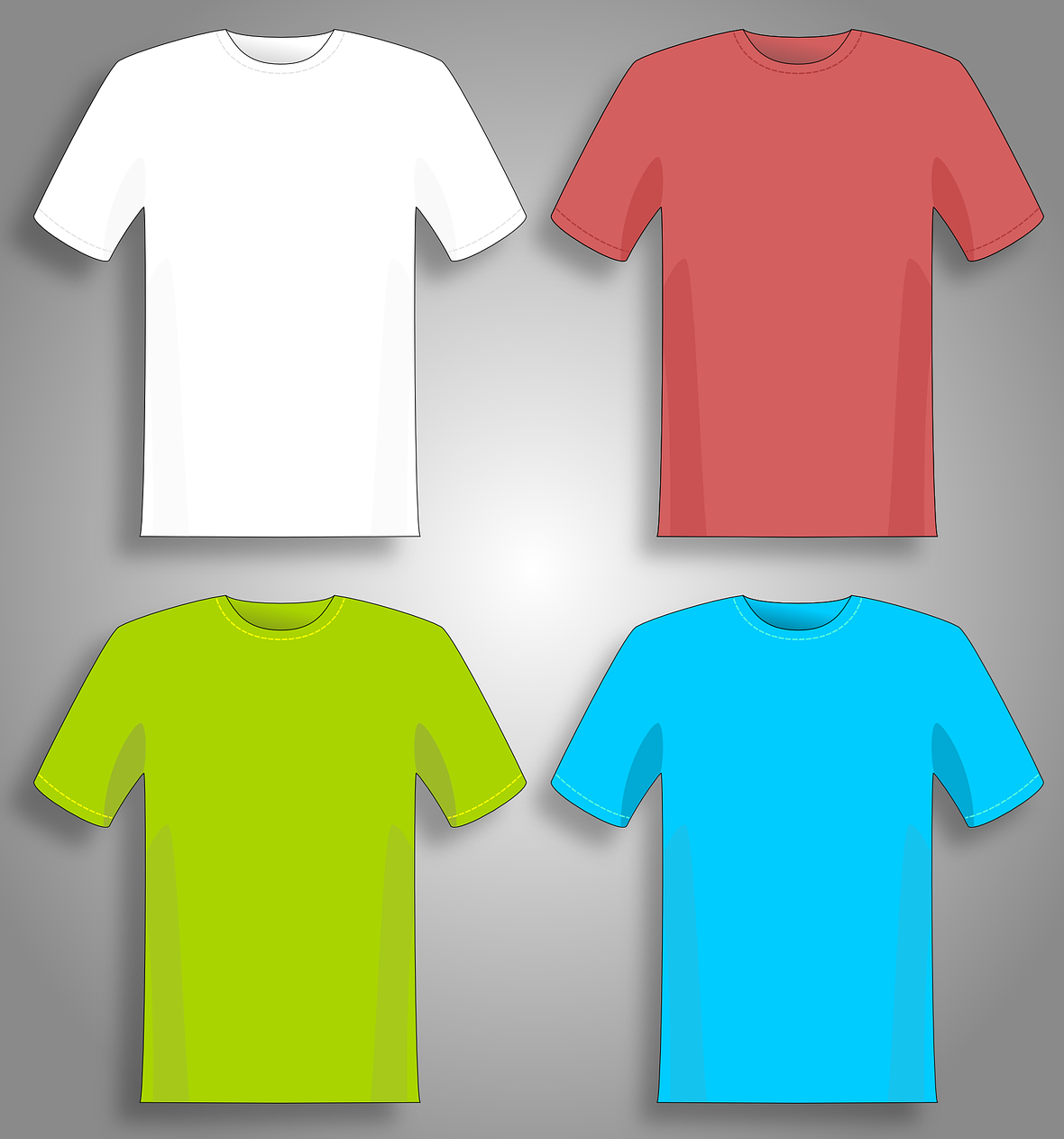 Illustrations of four summer T-shirts in white, red, green, and blue.